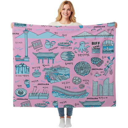 Busan Korea Throw Blanket (Bubblegum Pink) - Line Art of Busan Attractions, K-Drama & K-Pop Fan Gift