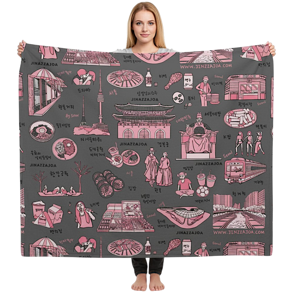 Seoul Korea Throw Blanket (Dark Gray)  -  Line Art of Seoul Attractions, K-Culture & K-Pop Fan Gift