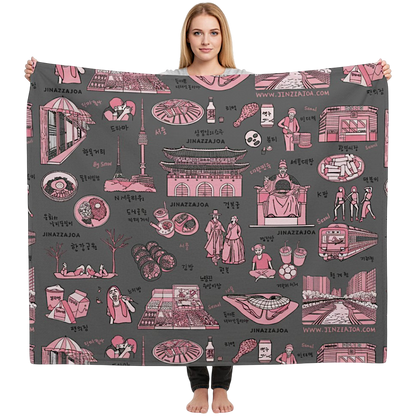 Seoul Korea Throw Blanket (Dark Gray)  -  Line Art of Seoul Attractions, K-Culture & K-Pop Fan Gift