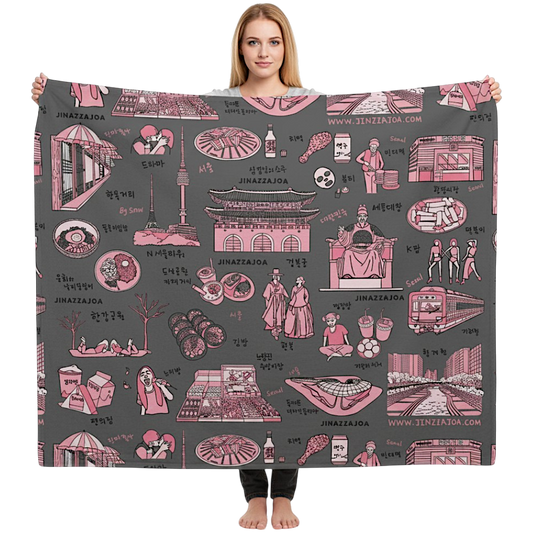 Seoul Korea Throw Blanket (Dark Gray)  -  Line Art of Seoul Attractions, K-Culture & K-Pop Fan Gift