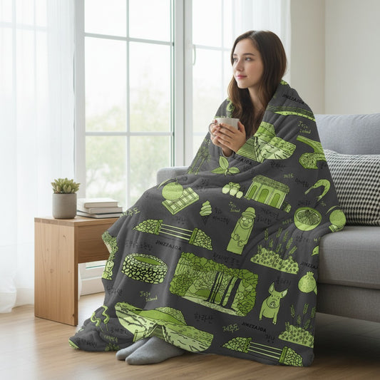 Jeju Island Korea Throw Blanket (Charcoal Gray) - Line Art of Jeju Attractions, K-Drama & K-Pop Fan Gift