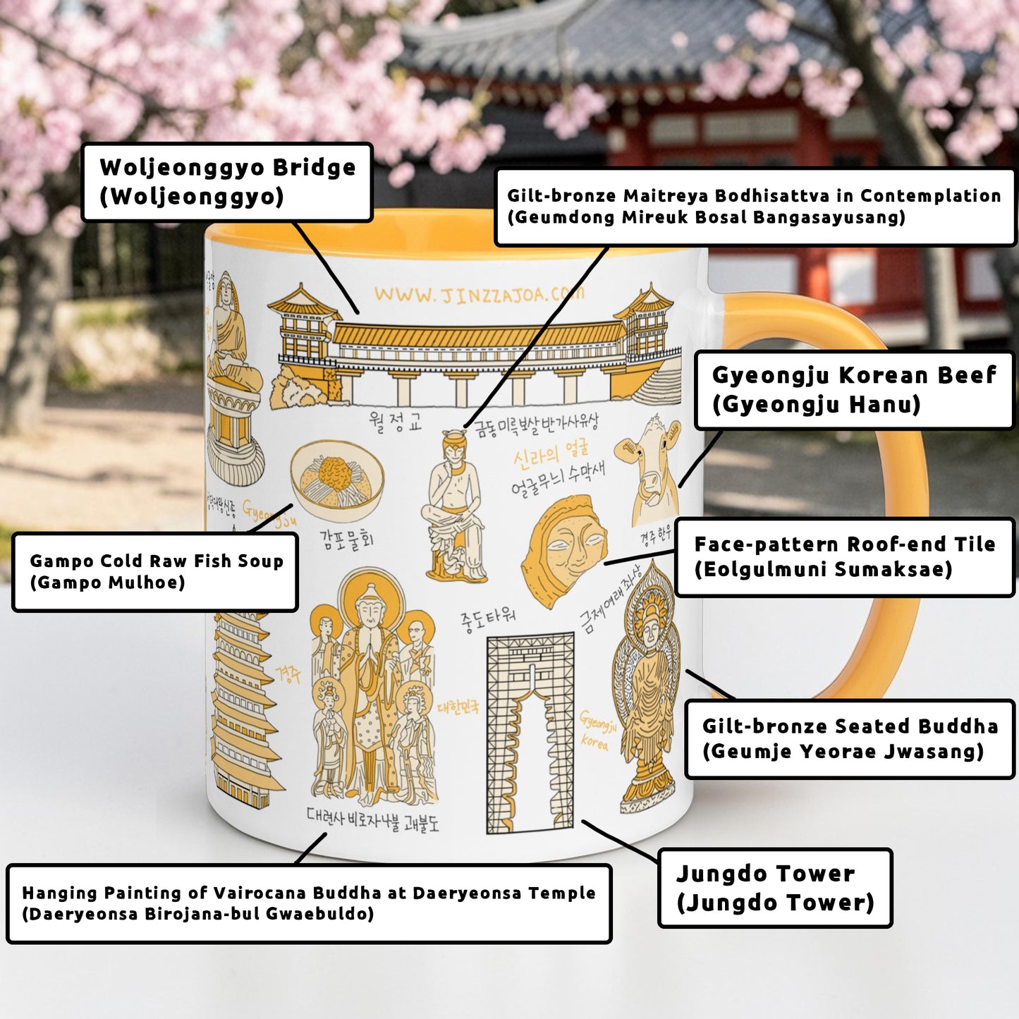 Korean Coffee Mug & Ice Cream Cup – Gyeongju Line Art 11oz Ceramic Cup for K-Culture Lovers