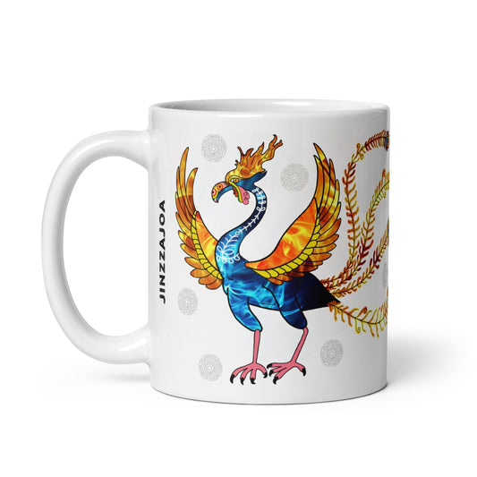 KoreaJoa white ceramic mug featuring the Vermilion Bird, a mythical Korean creature in vibrant blue, orange, and yellow with fiery wings and tail.