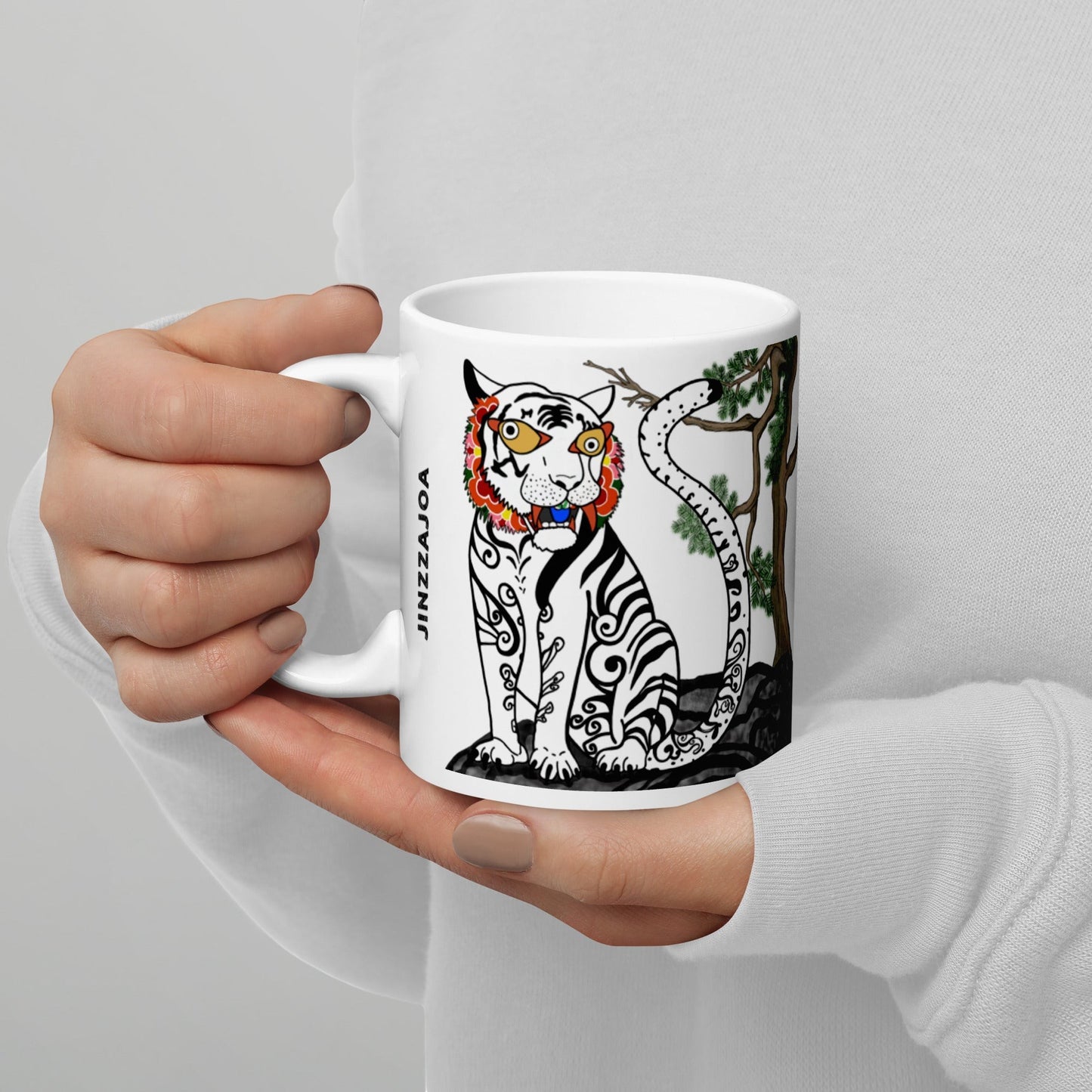 KoreaJoa White Tiger ceramic mug featuring Korean mythology animal deity, a white tiger with black stripes and colourful floral collar.