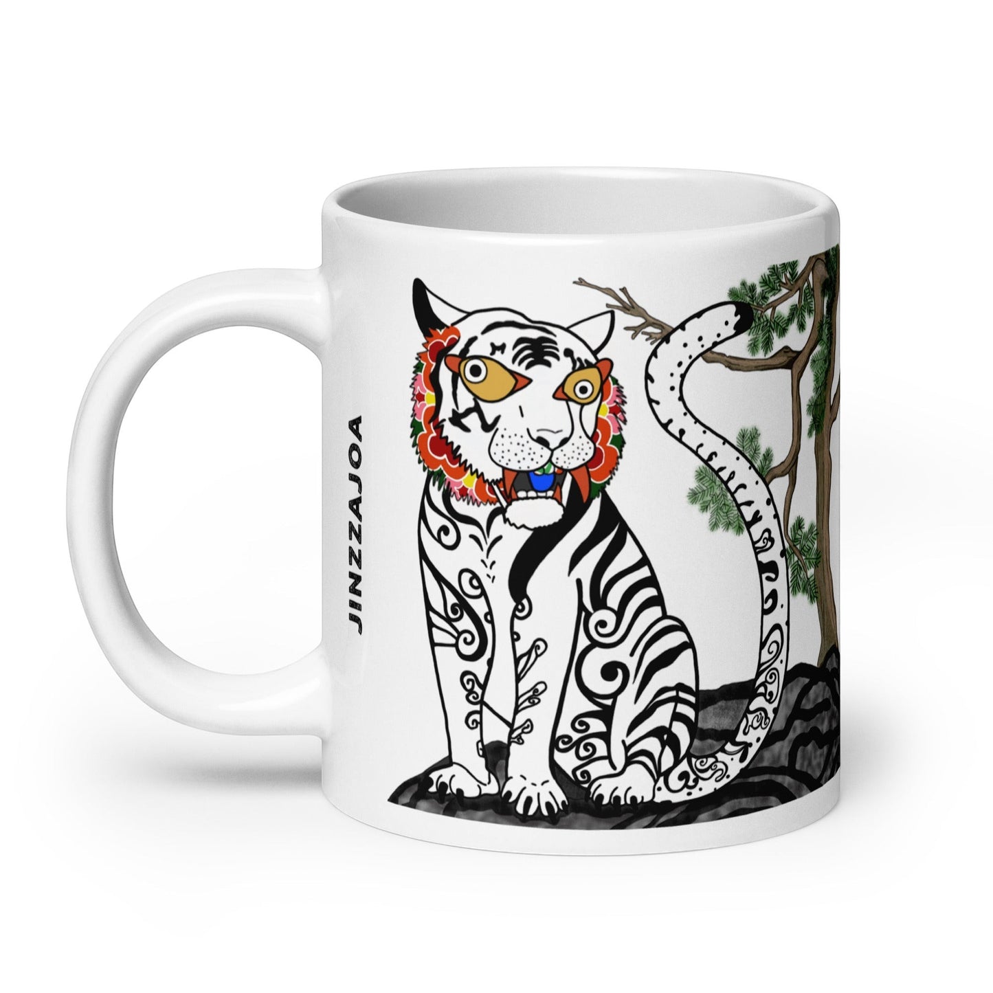 KoreaJoa White Tiger mug, a white ceramic coffee cup featuring a traditional Korean mythological tiger design with floral accents and tribal patterns.