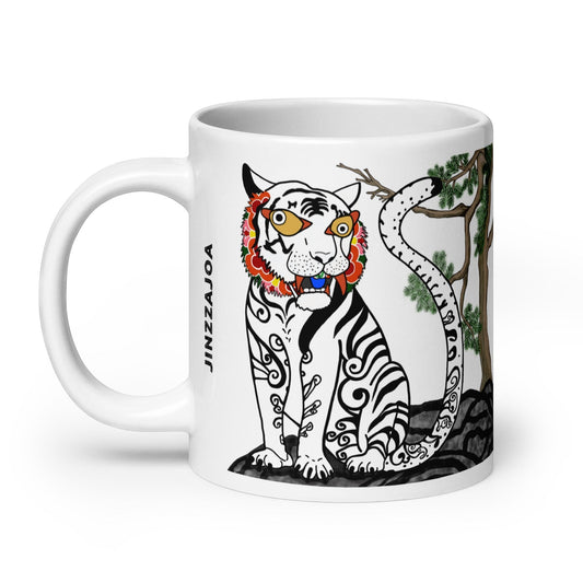 KoreaJoa White Tiger mug, a white ceramic coffee cup featuring a traditional Korean mythological tiger design with floral accents and tribal patterns.