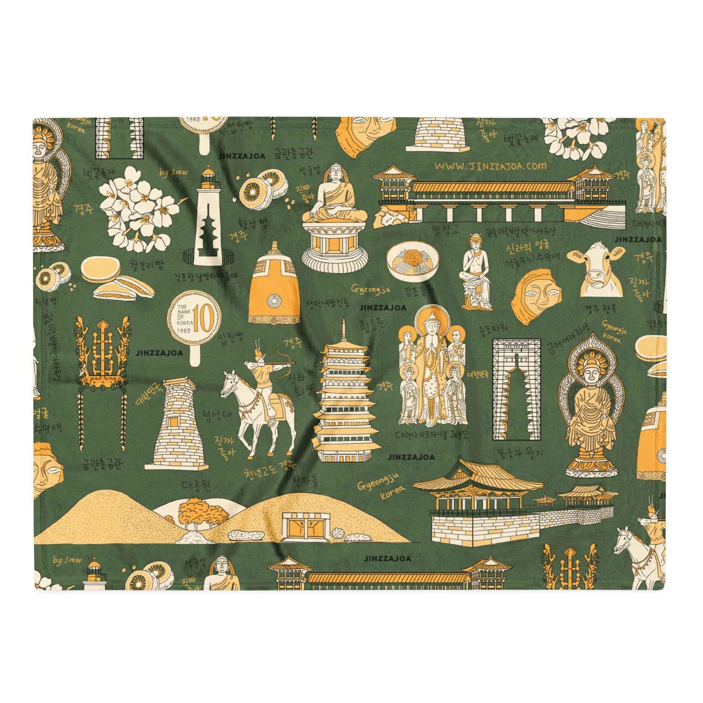 Gyeongju Korea Throw Blanket - Line Art of Gyeongju Attractions, K-Drama & K-Pop Fan Gift