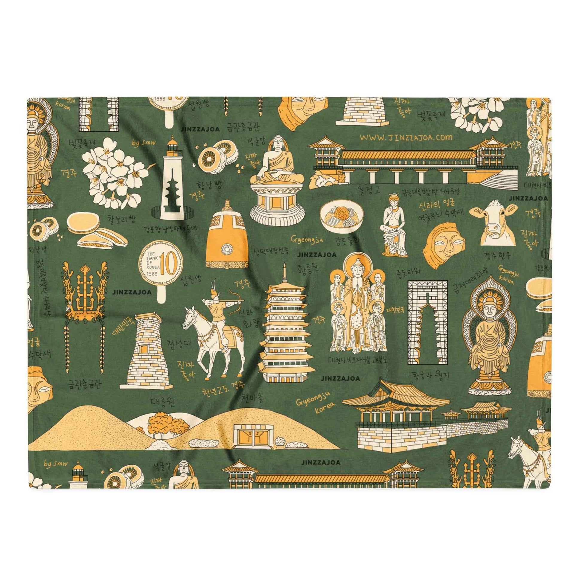 Gyeongju Korea Throw Blanket - Line Art of Gyeongju Attractions, K-Drama & K-Pop Fan Gift