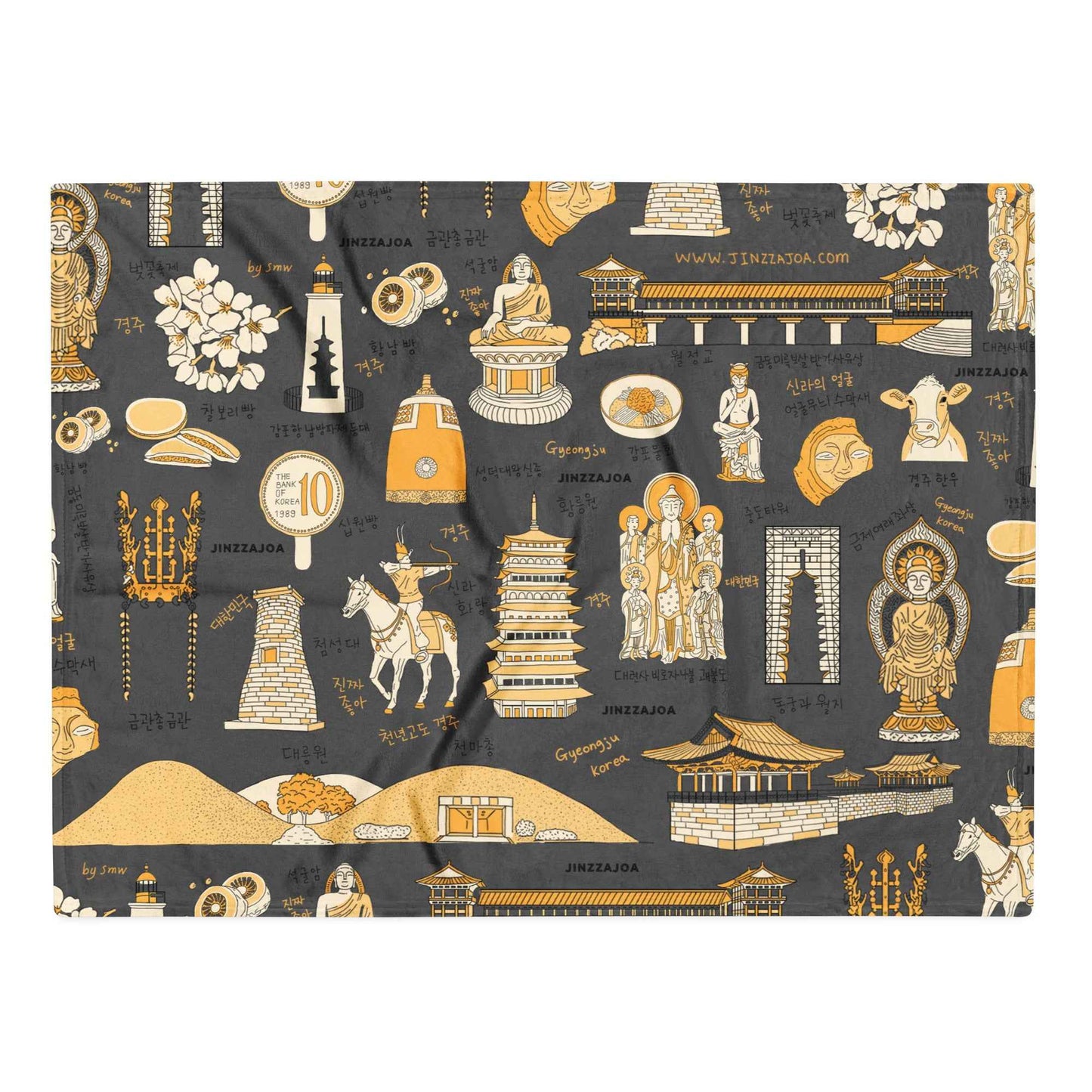Gyeongju Korea Throw Blanket - Line Art of Gyeongju Attractions, K-Drama & K-Pop Fan Gift