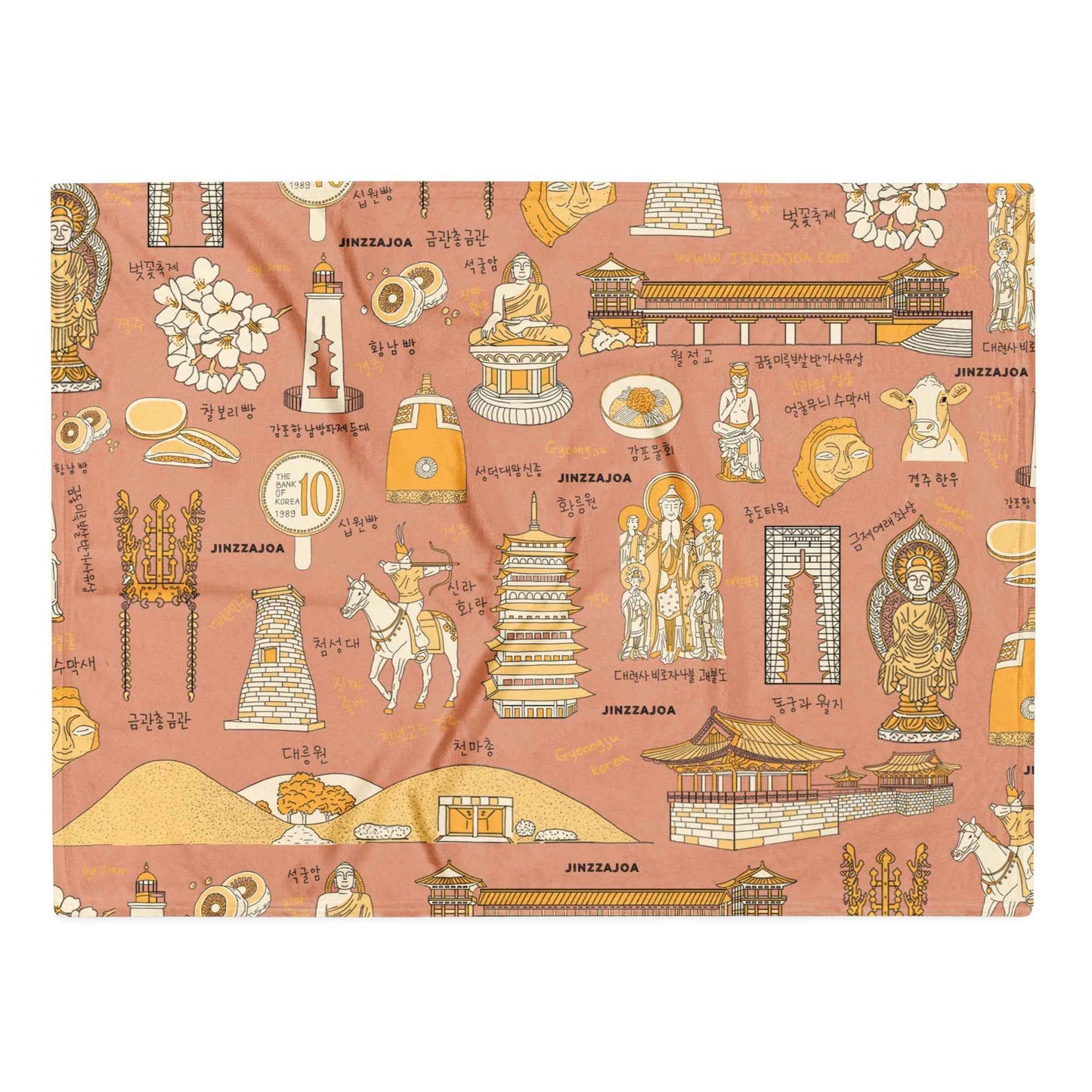 Gyeongju Korea Throw Blanket - Line Art of Gyeongju Attractions, K-Drama & K-Pop Fan Gift