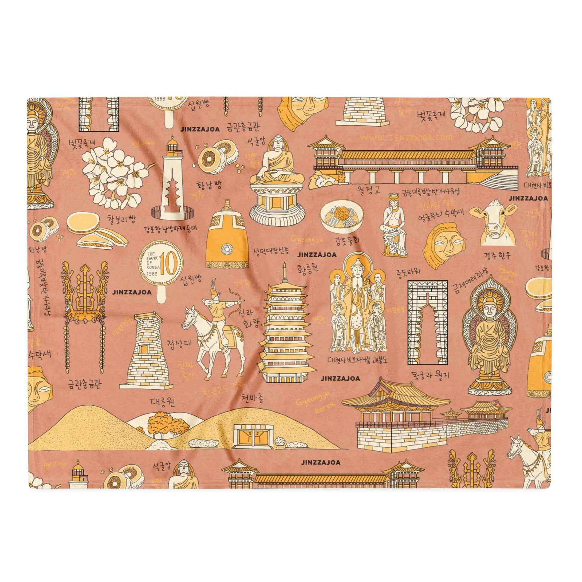 Gyeongju Korea Throw Blanket - Line Art of Gyeongju Attractions, K-Drama & K-Pop Fan Gift