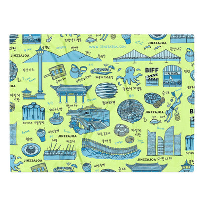 Busan Korea Throw Blanket - Line Art of Busan Attractions, K-Drama & K-Pop Fan Gift