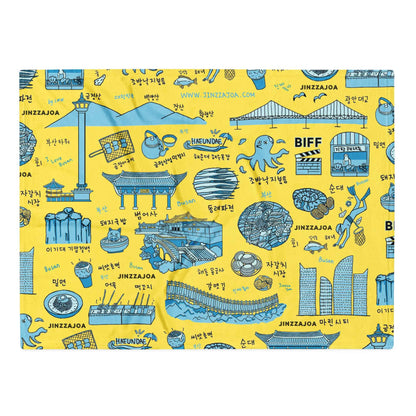 Busan Korea Throw Blanket - Line Art of Busan Attractions, K-Drama & K-Pop Fan Gift