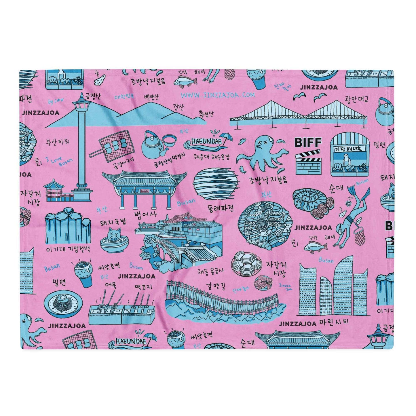 Busan Korea Throw Blanket - Line Art of Busan Attractions, K-Drama & K-Pop Fan Gift
