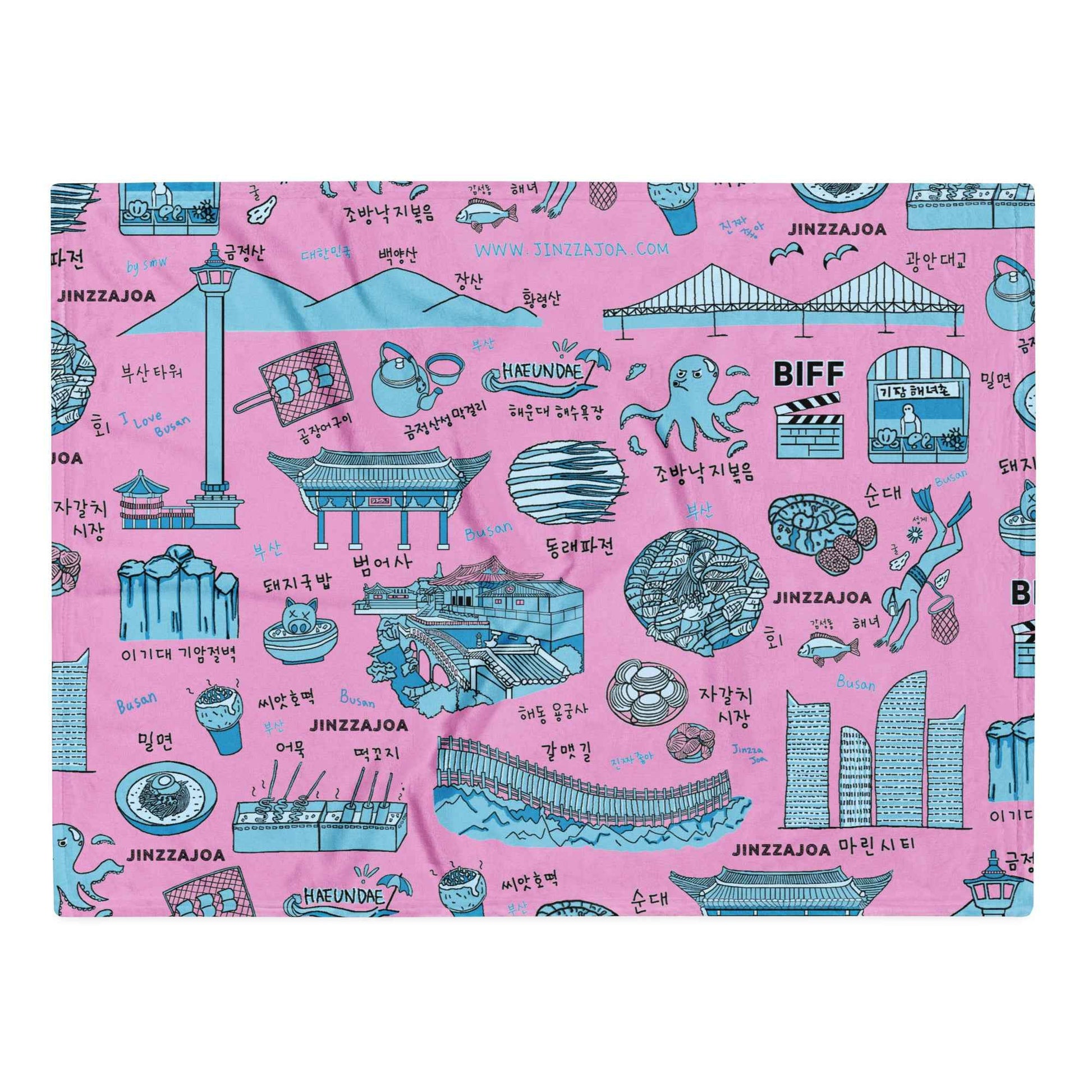 Busan Korea Throw Blanket - Line Art of Busan Attractions, K-Drama & K-Pop Fan Gift