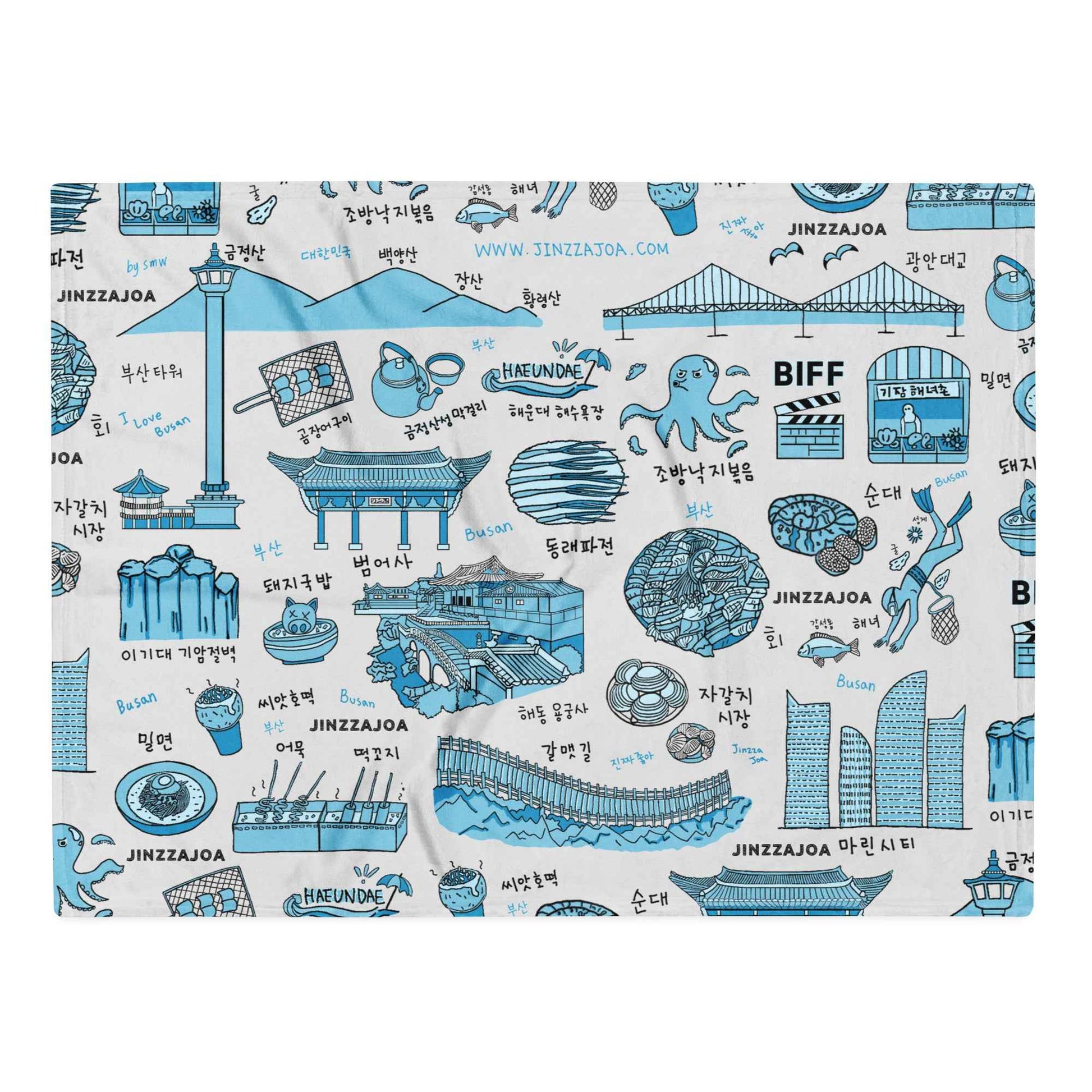 Busan Korea Throw Blanket - Line Art of Busan Attractions, K-Drama & K-Pop Fan Gift