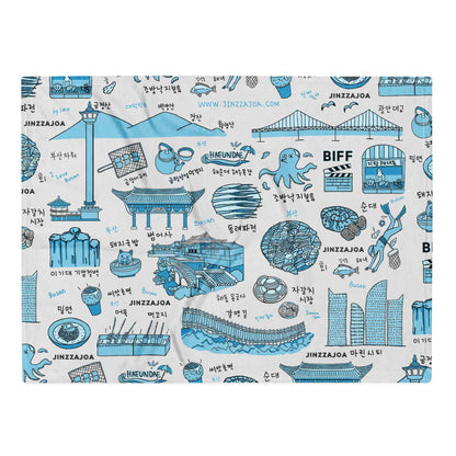 Busan Korea Throw Blanket - Line Art of Busan Attractions, K-Drama & K-Pop Fan Gift
