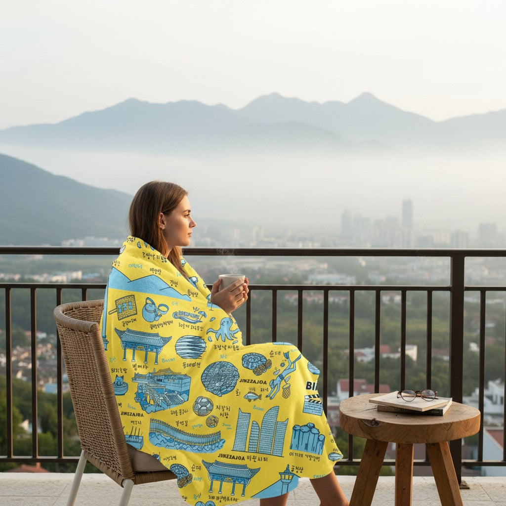 Busan Korea Throw Blanket (Vivid Yellow) - Line Art of Busan Attractions, K-Drama & K-Pop Fan Gift