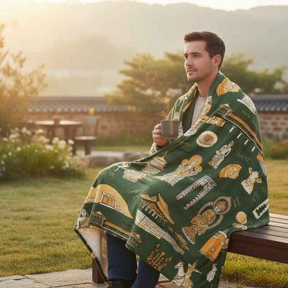 Gyeongju Korea Throw Blanket - Line Art of Gyeongju Attractions, K-Drama & K-Pop Fan Gift