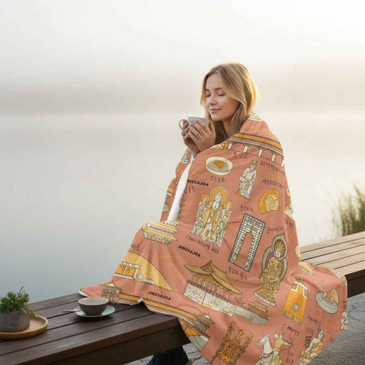 Gyeongju Korea Throw Blanket - Line Art of Gyeongju Attractions, K-Drama & K-Pop Fan Gift