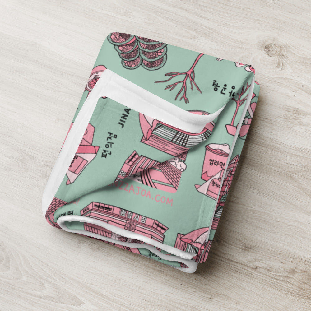 Seoul Korea Throw Blanket (Emerald) -  Line Art of Seoul Attractions, K-Culture & K-Pop Fan Gift