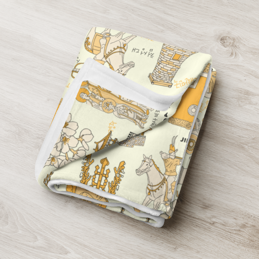 Gyeongju Korea Throw Blanket (Light Yellow) - Line Art of Gyeongju Attractions, K-Drama & K-Pop Fan Gift