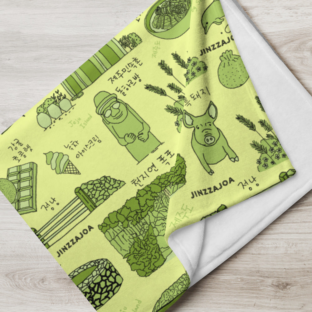 Jeju Island Korea Throw Blanket (Baby Green) - Line Art of Jeju Attractions, K-Drama & K-Pop Fan Gift
