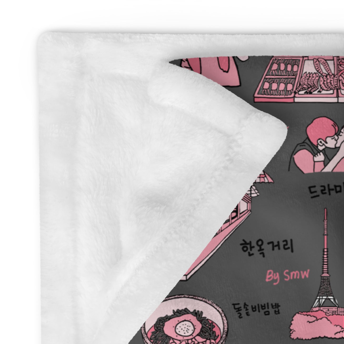 Seoul Korea Throw Blanket (Dark Gray)  -  Line Art of Seoul Attractions, K-Culture & K-Pop Fan Gift