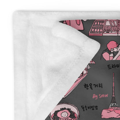 Seoul Korea Throw Blanket (Dark Gray)  -  Line Art of Seoul Attractions, K-Culture & K-Pop Fan Gift