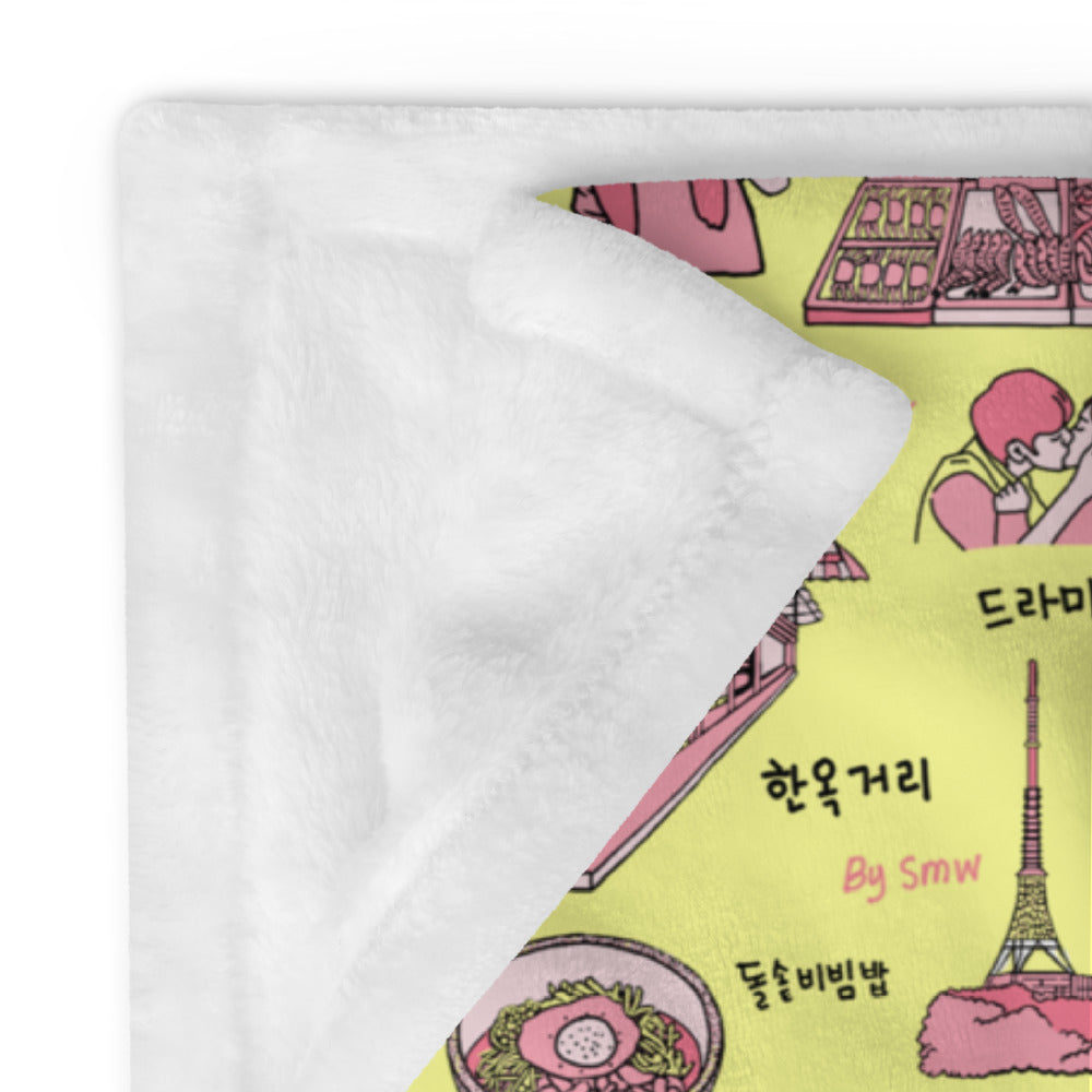 Seoul Korea Throw Blanket (Lemon Cream)  -  Line Art of Seoul Attractions, K-Culture & K-Pop Fan Gift