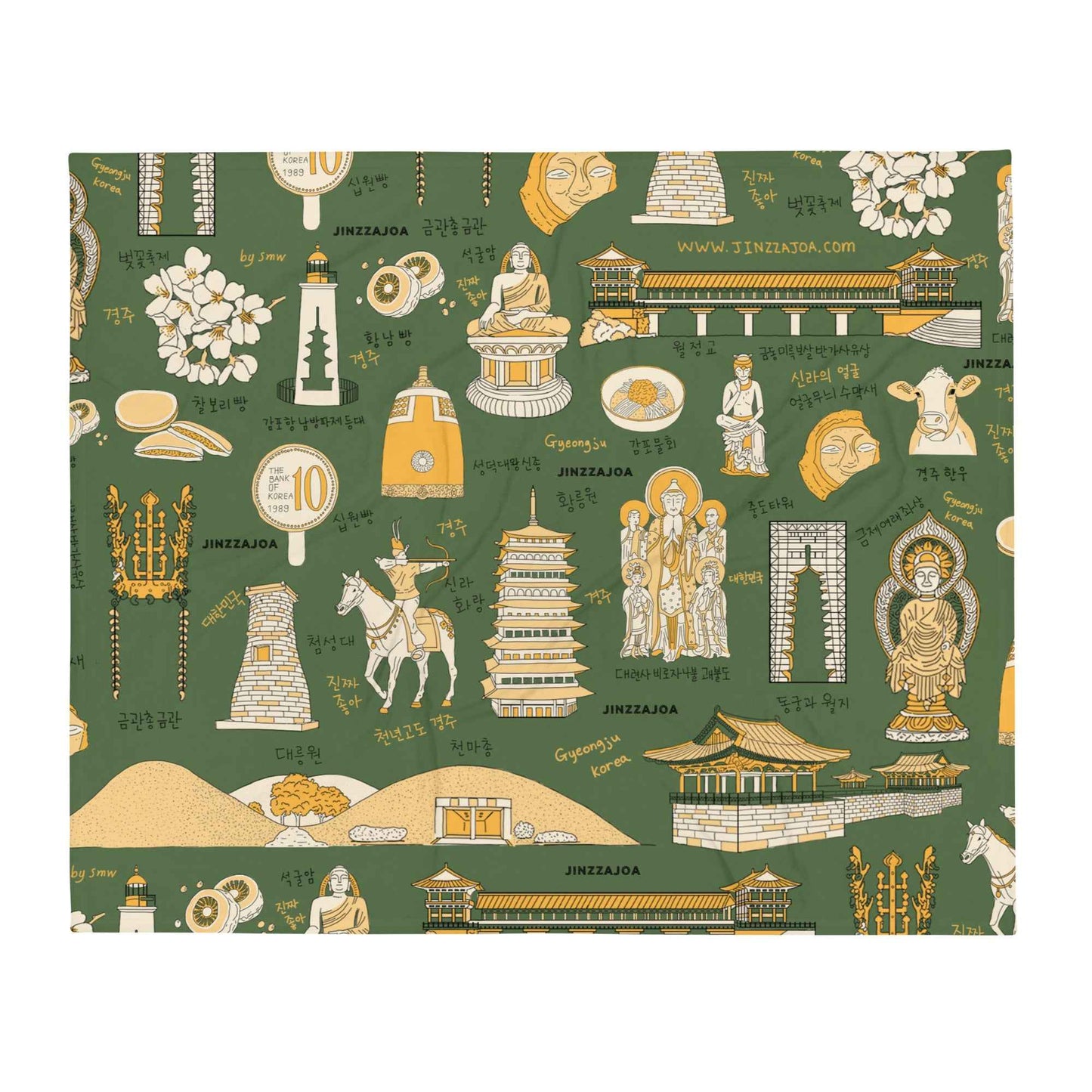 Gyeongju Korea Throw Blanket - Line Art of Gyeongju Attractions, K-Drama & K-Pop Fan Gift