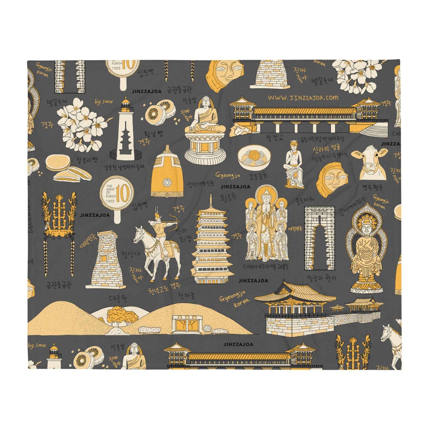 Gyeongju Korea Throw Blanket - Line Art of Gyeongju Attractions, K-Drama & K-Pop Fan Gift