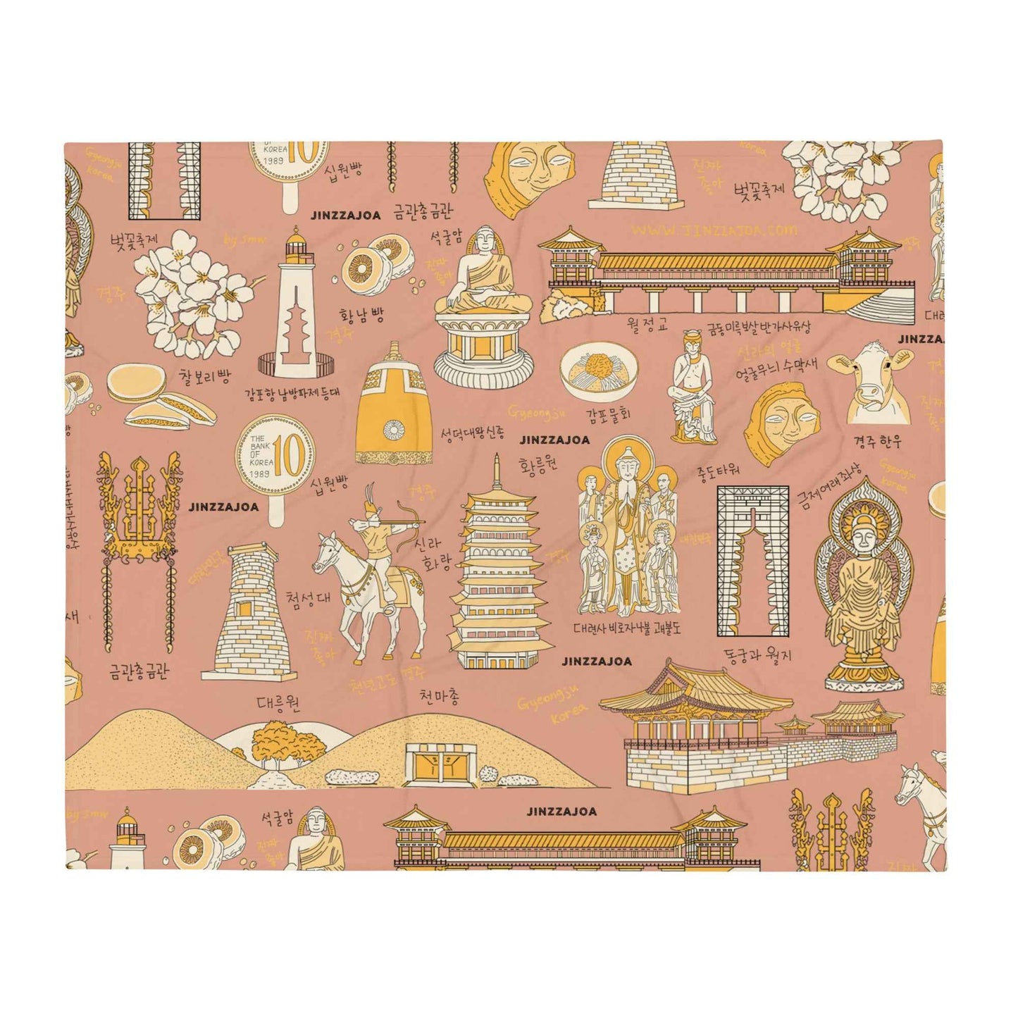 Gyeongju Korea Throw Blanket - Line Art of Gyeongju Attractions, K-Drama & K-Pop Fan Gift