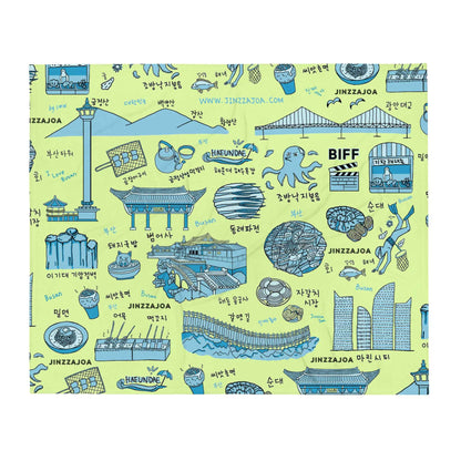 Busan Korea Throw Blanket - Line Art of Busan Attractions, K-Drama & K-Pop Fan Gift