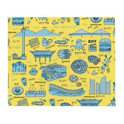 Busan Korea Throw Blanket - Line Art of Busan Attractions, K-Drama & K-Pop Fan Gift