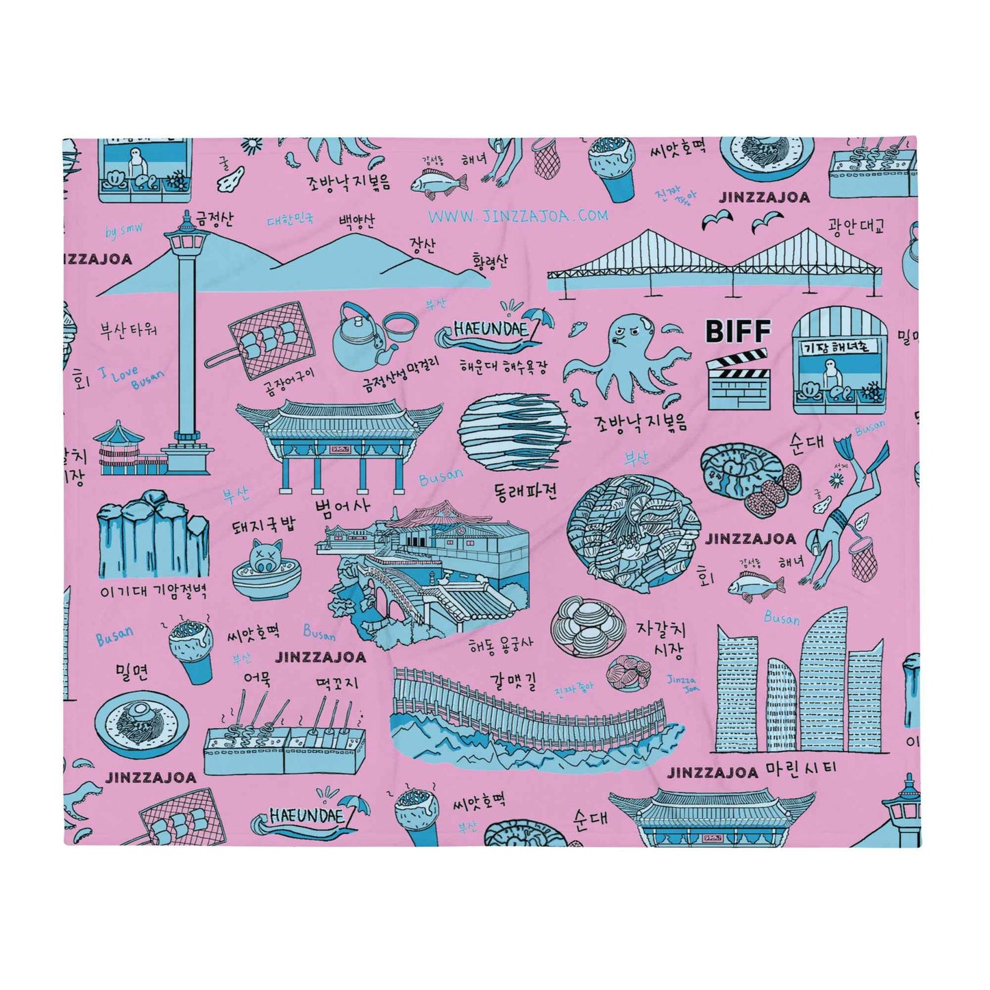 Busan Korea Throw Blanket - Line Art of Busan Attractions, K-Drama & K-Pop Fan Gift