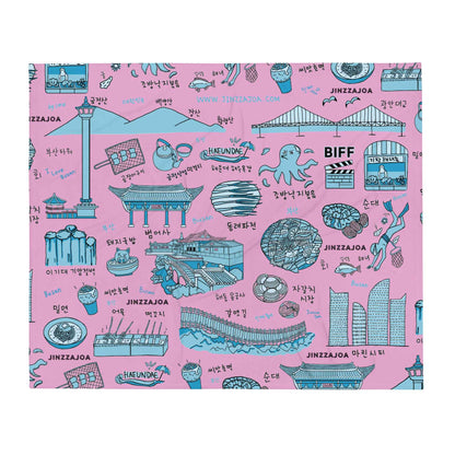 Busan Korea Throw Blanket - Line Art of Busan Attractions, K-Drama & K-Pop Fan Gift