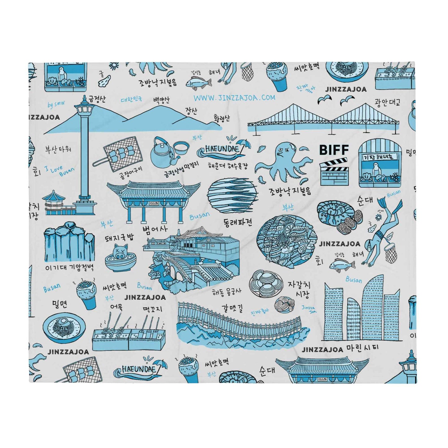 Busan Korea Throw Blanket - Line Art of Busan Attractions, K-Drama & K-Pop Fan Gift