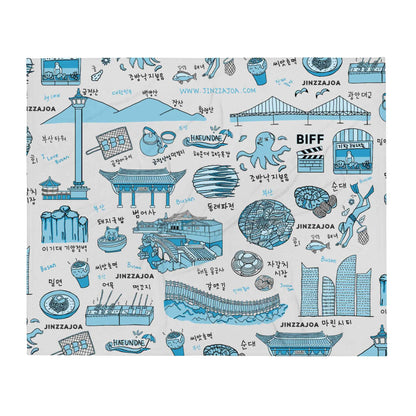 Busan Korea Throw Blanket - Line Art of Busan Attractions, K-Drama & K-Pop Fan Gift