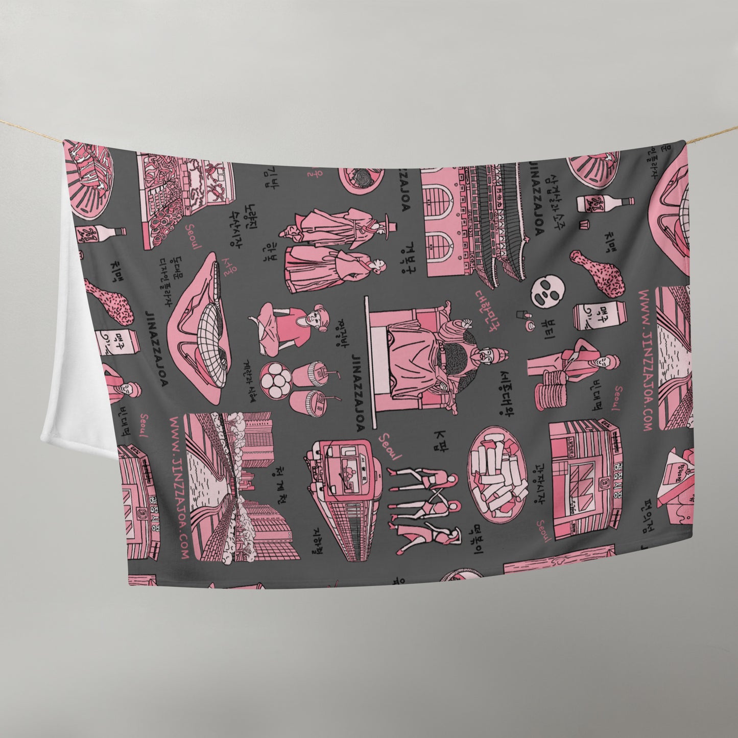 Seoul Korea Throw Blanket (Dark Gray)  -  Line Art of Seoul Attractions, K-Culture & K-Pop Fan Gift