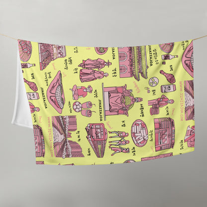 Seoul Korea Throw Blanket (Lemon Cream)  -  Line Art of Seoul Attractions, K-Culture & K-Pop Fan Gift