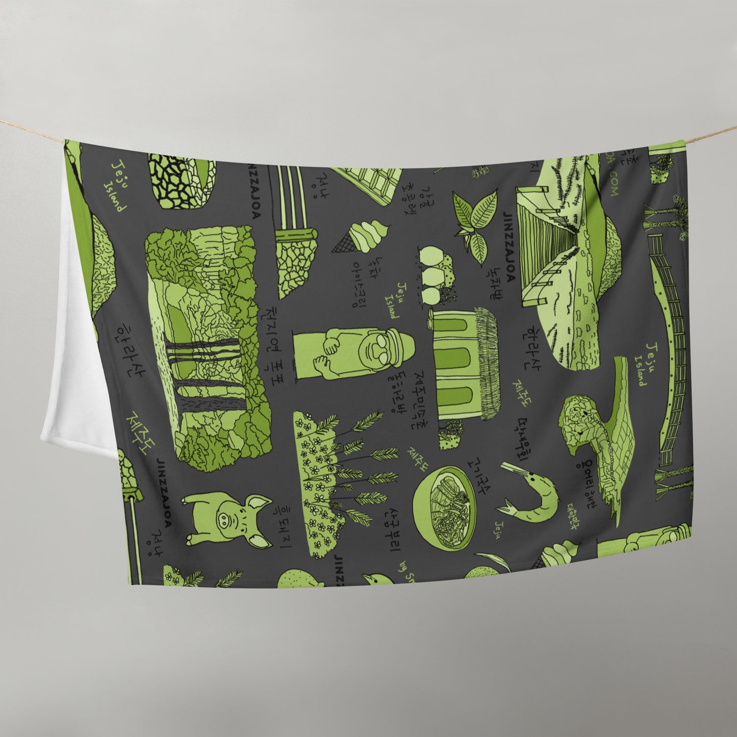 Jeju Island Korea Throw Blanket (Charcoal Gray) - Line Art of Jeju Attractions, K-Drama & K-Pop Fan Gift