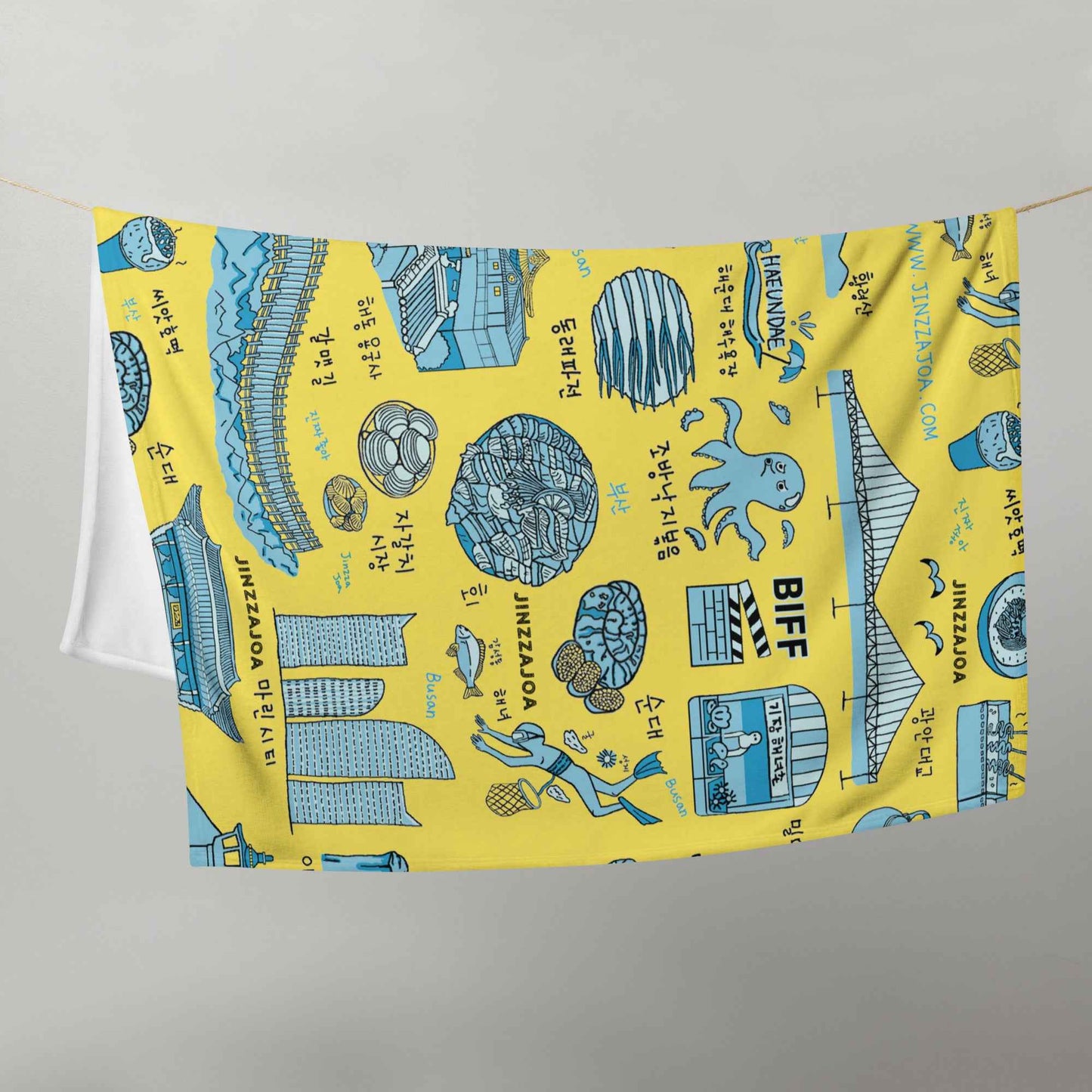 Busan Korea Throw Blanket - Line Art of Busan Attractions, K-Drama & K-Pop Fan Gift