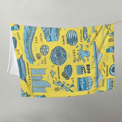 Busan Korea Throw Blanket - Line Art of Busan Attractions, K-Drama & K-Pop Fan Gift