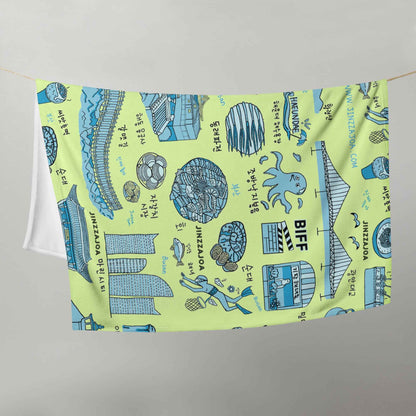 Busan Korea Throw Blanket - Line Art of Busan Attractions, K-Drama & K-Pop Fan Gift