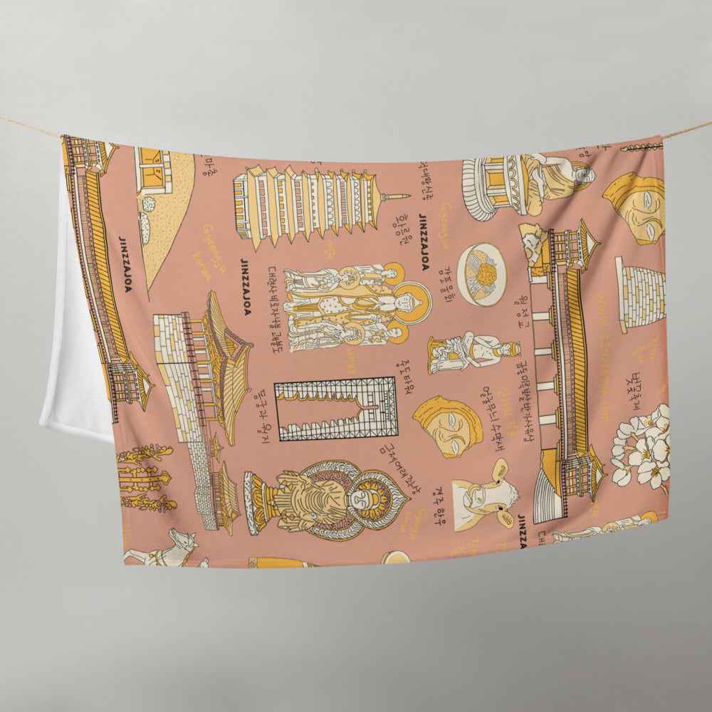 Gyeongju Korea Throw Blanket - Line Art of Gyeongju Attractions, K-Drama & K-Pop Fan Gift