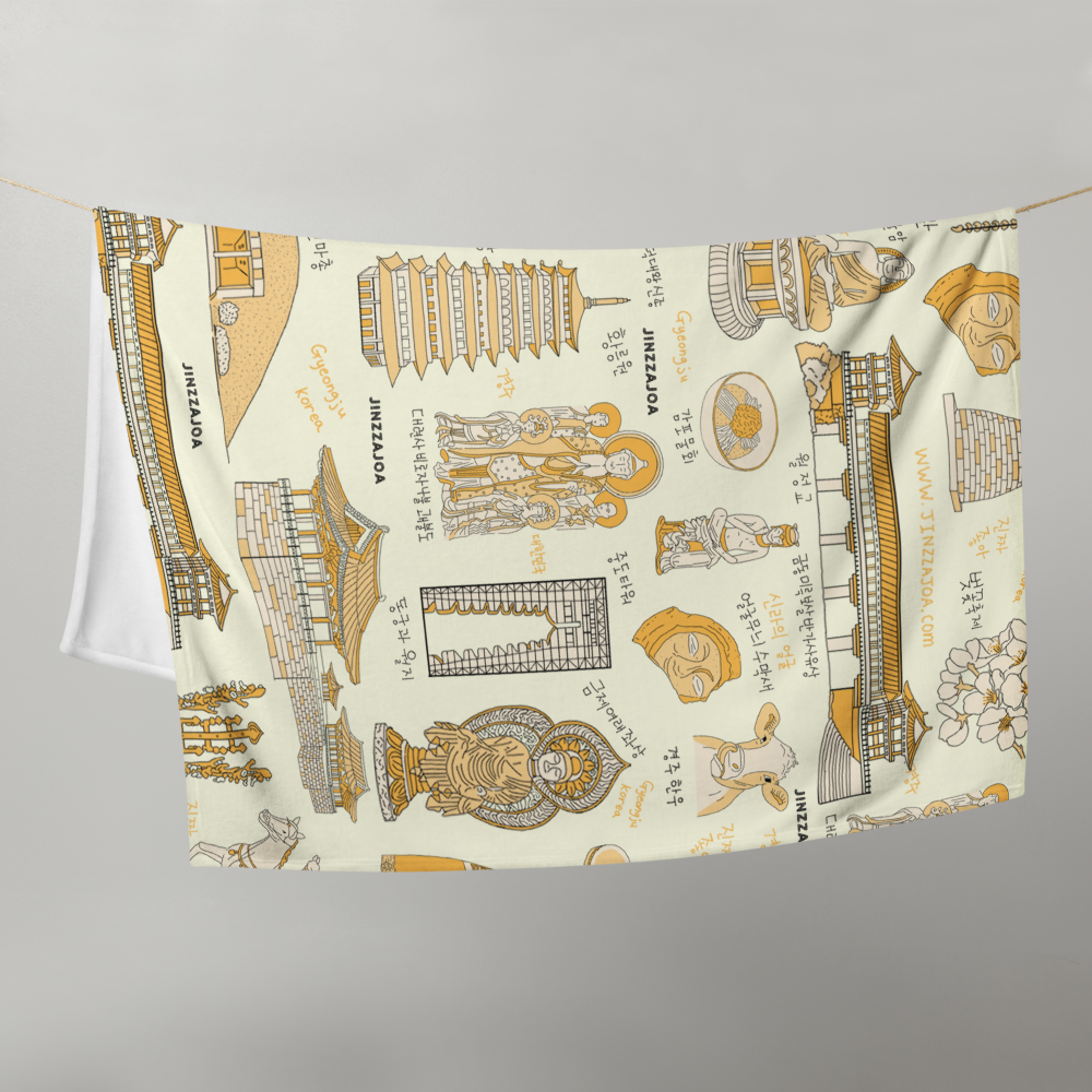 Gyeongju Korea Throw Blanket (Light Yellow) - Line Art of Gyeongju Attractions, K-Drama & K-Pop Fan Gift