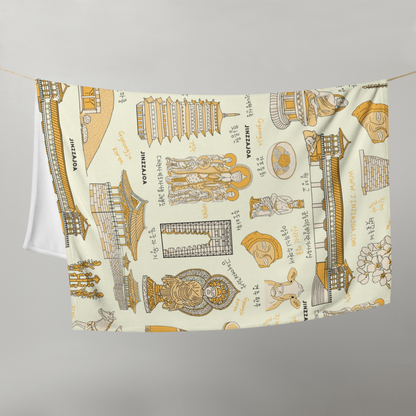 Gyeongju Korea Throw Blanket (Light Yellow) - Line Art of Gyeongju Attractions, K-Drama & K-Pop Fan Gift