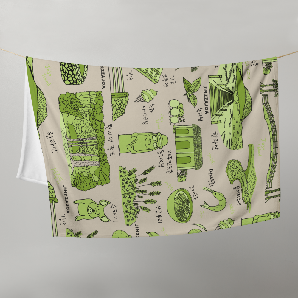 Jeju Island Korea Throw Blanket (Purple) - Line Art of Jeju Attractions, K-Drama & K-Pop Fan Gift