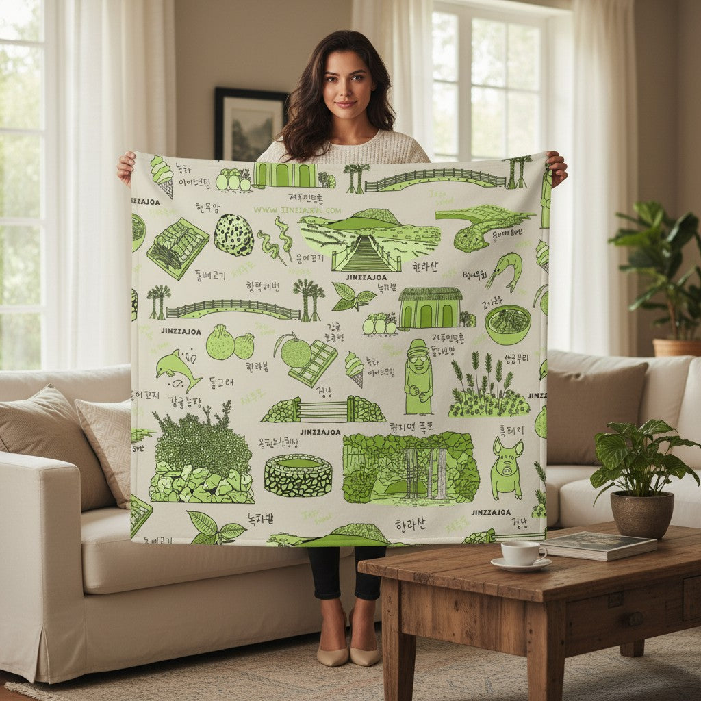 Jeju Island Korea Throw Blanket (Purple) - Line Art of Jeju Attractions, K-Drama & K-Pop Fan Gift